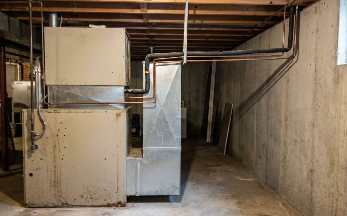 Evaporator coil cabinet mounted directly above a gas furnace