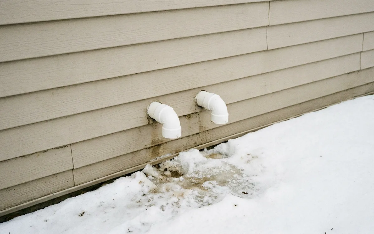 PVC vent termination pipes exiting the side wall of a suburban home