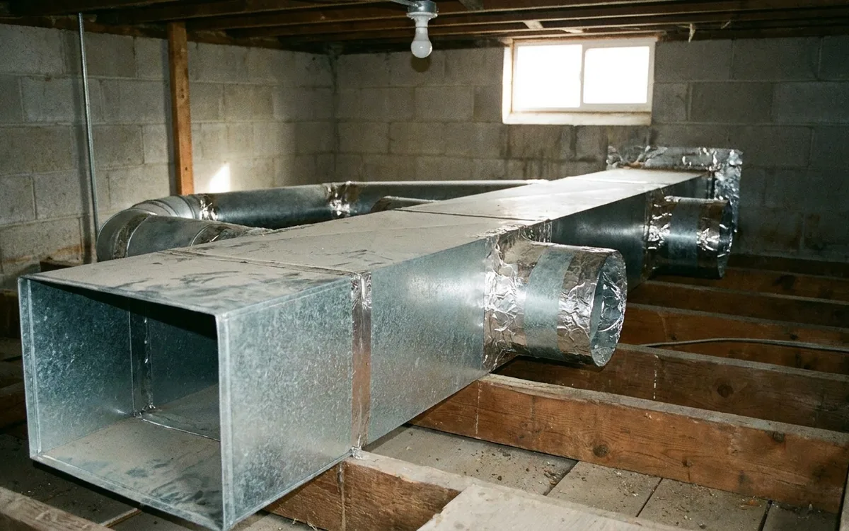 Galvanized sheet metal trunk duct and branch takeoffs between basement floor joists
