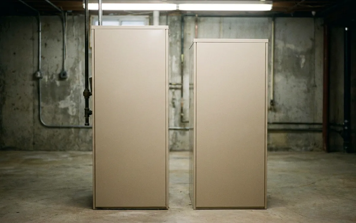 Two furnace access panels showing different efficiency equipment configurations