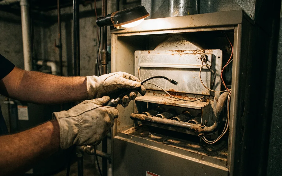 Inspection camera view of a heat exchanger panel inside a gas furnace