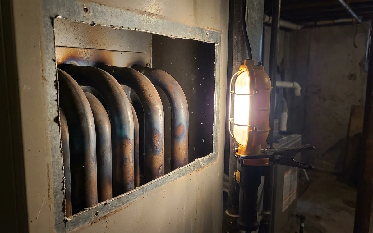 Heat exchanger tubes visible through the open access panel of a gas furnace