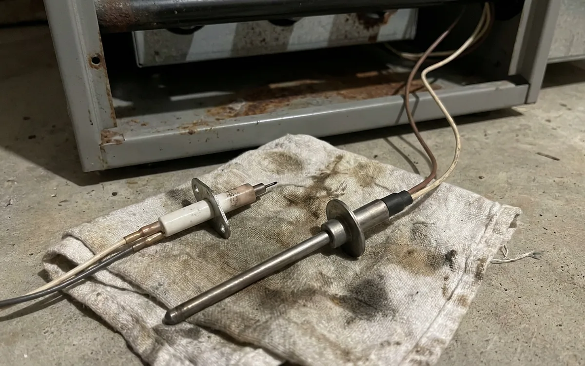 Hot surface ignitor being removed from a gas furnace burner assembly