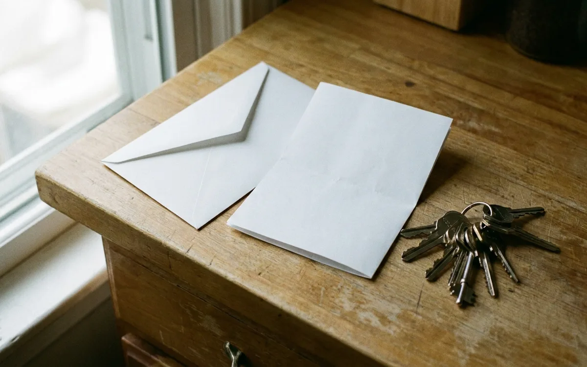 Blank envelope, folded paper and house keys on a kitchen counter
