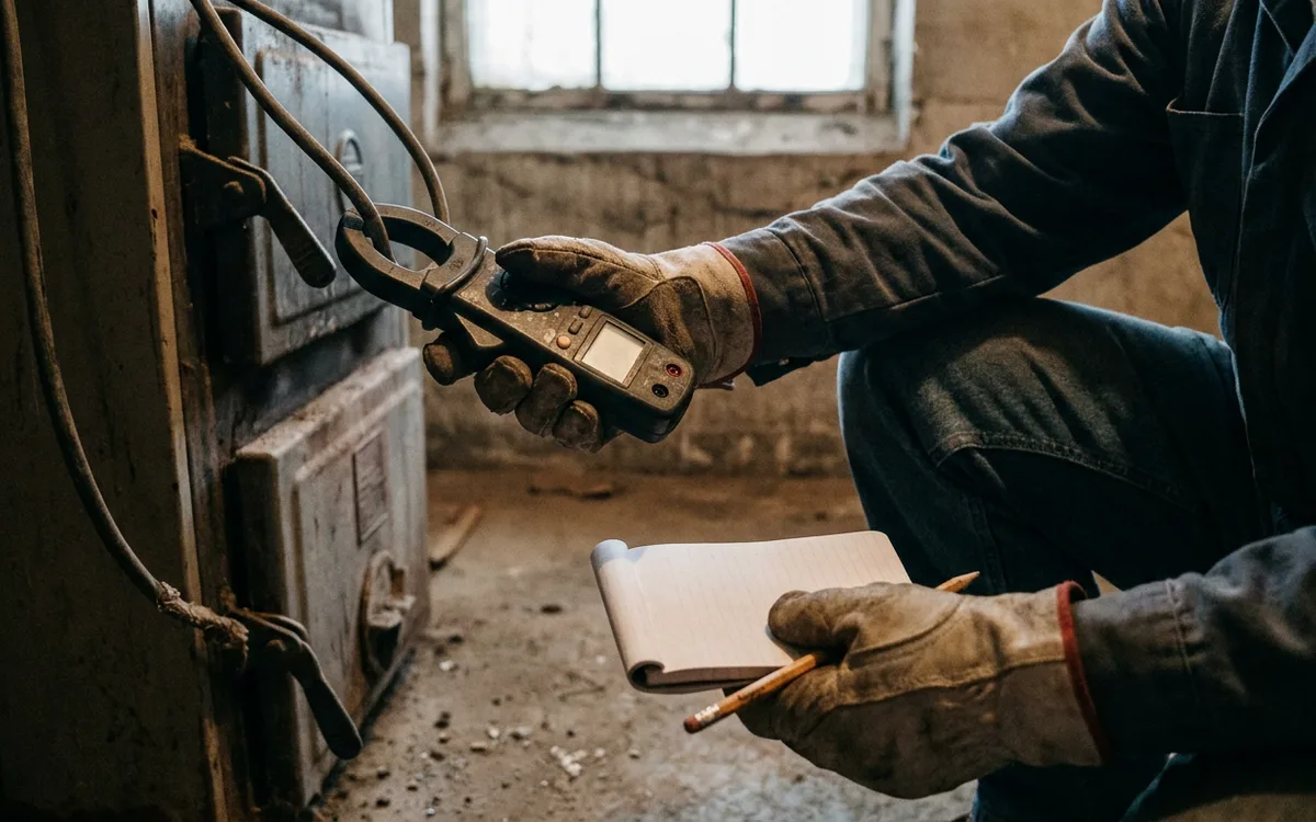 Technician measuring a supply duct while performing a heating load calculation