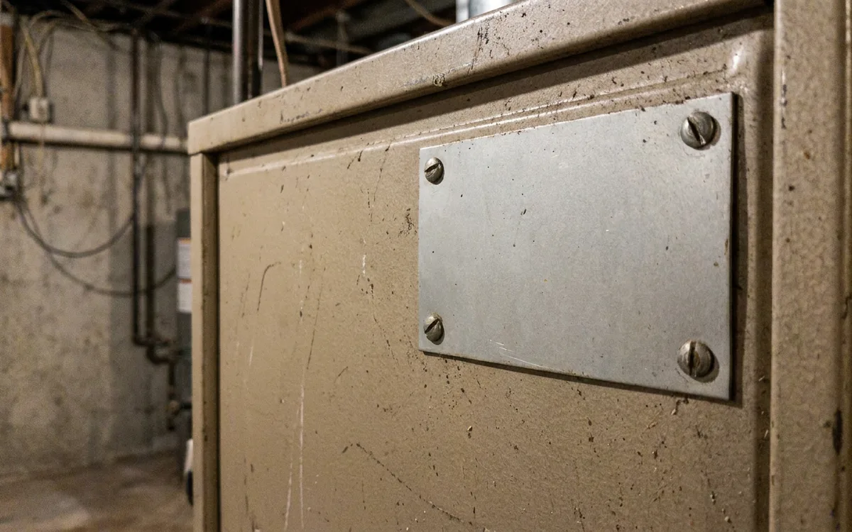 Manufacturer data plate on a gas furnace listing model and rating information