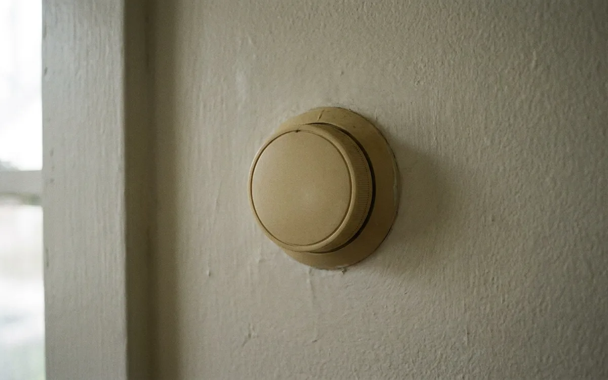 Round wall thermostat dial in a residential hallway