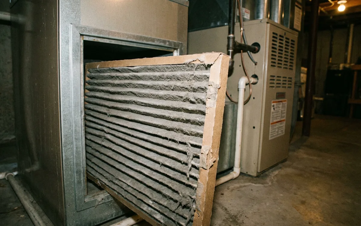 Dust-matted pleated air filter pulled partway out of a furnace filter slot