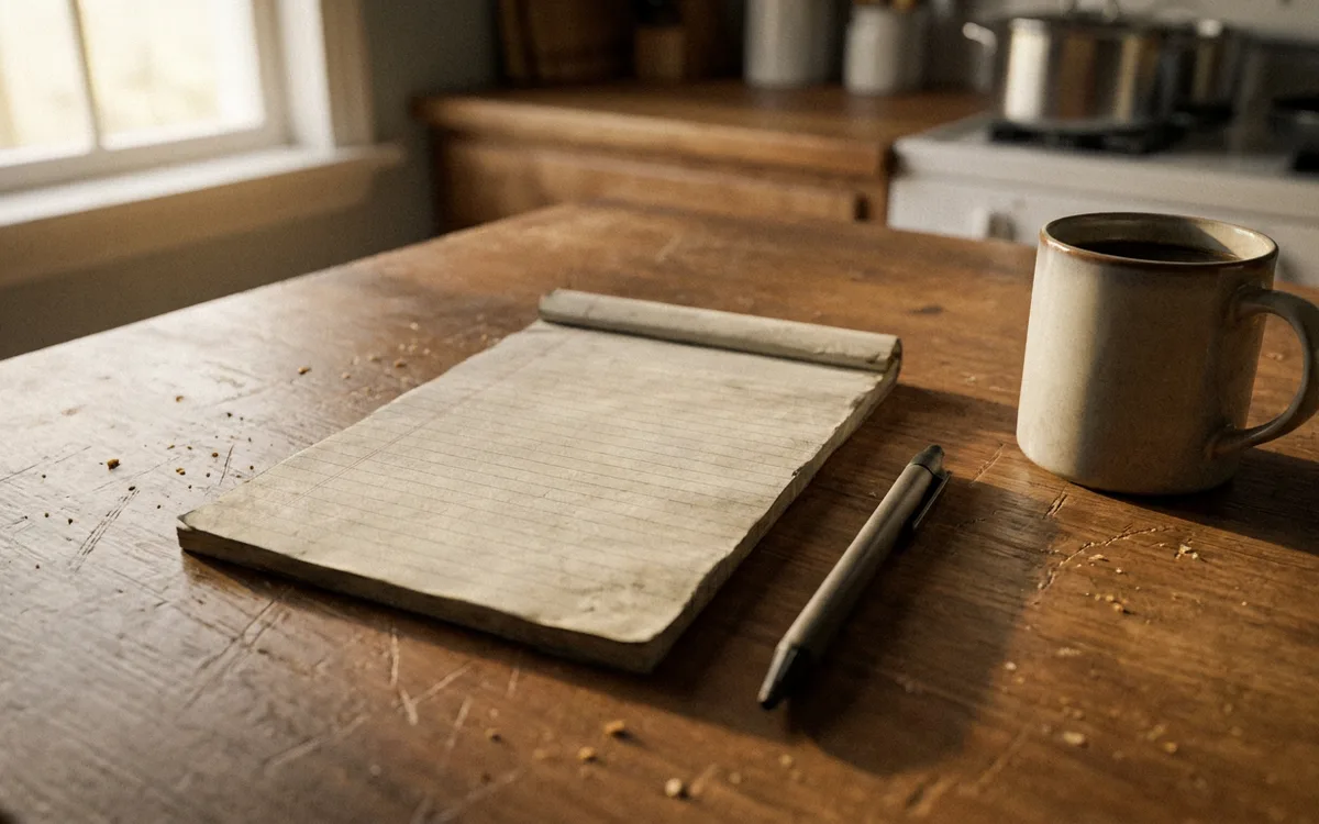 Blank ruled notepad and pen beside a mug on a kitchen table