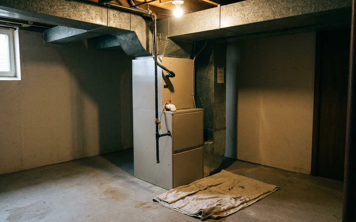 Installer disconnecting sheet metal plenum from an old furnace during removal