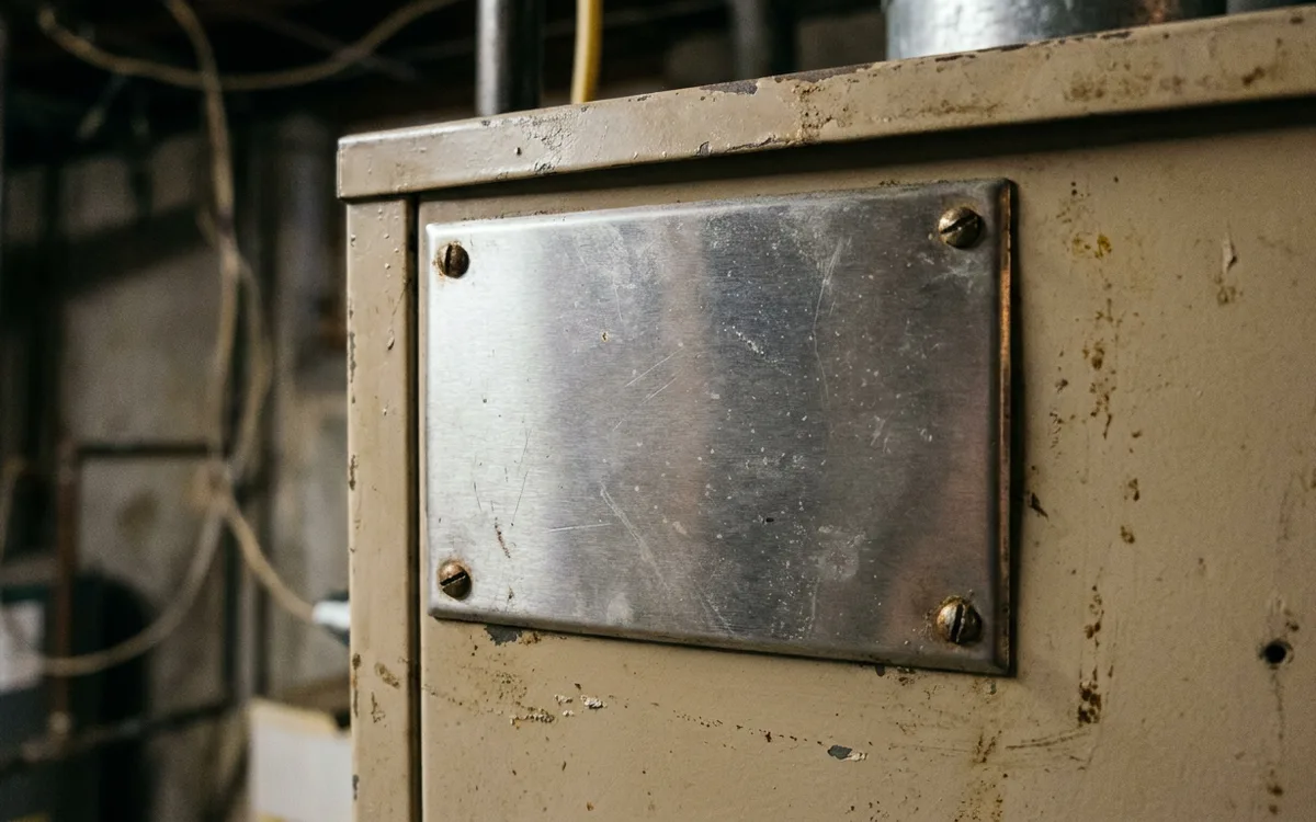 Close view of a blank metal data plate on a gas furnace cabinet