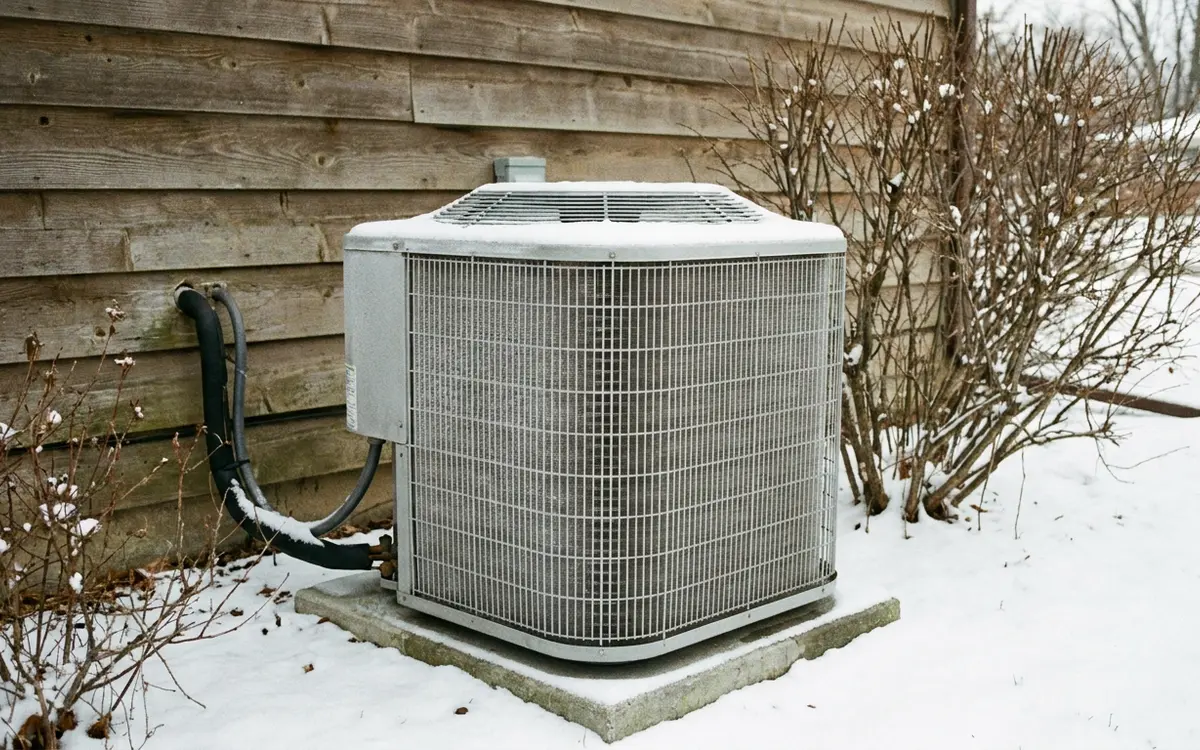 Residential air source heat pump condenser installed beside a house