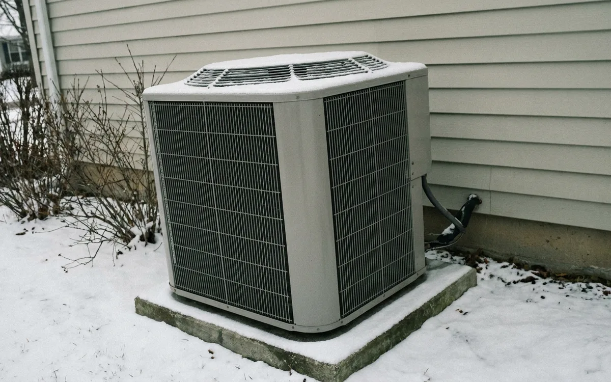 Air source heat pump condenser with light snow around its base