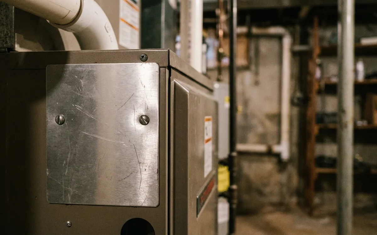 Blank metal rating plate on a high-efficiency furnace cabinet