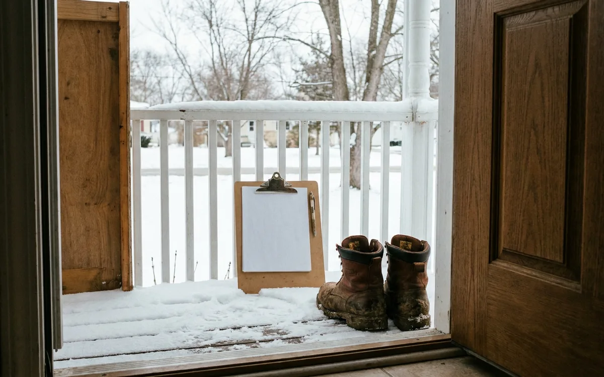 Clipboard and work boots on a snowy porch seen through an open front door