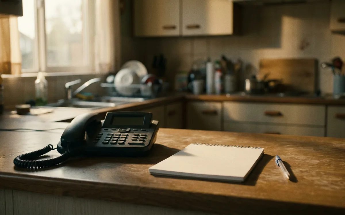 Telephone and a blank notepad on a kitchen counter in morning light