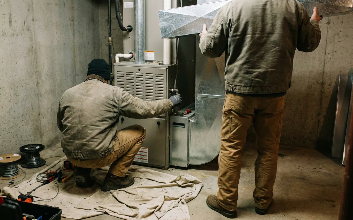 Two technicians working on indoor and outdoor HVAC equipment during an installation