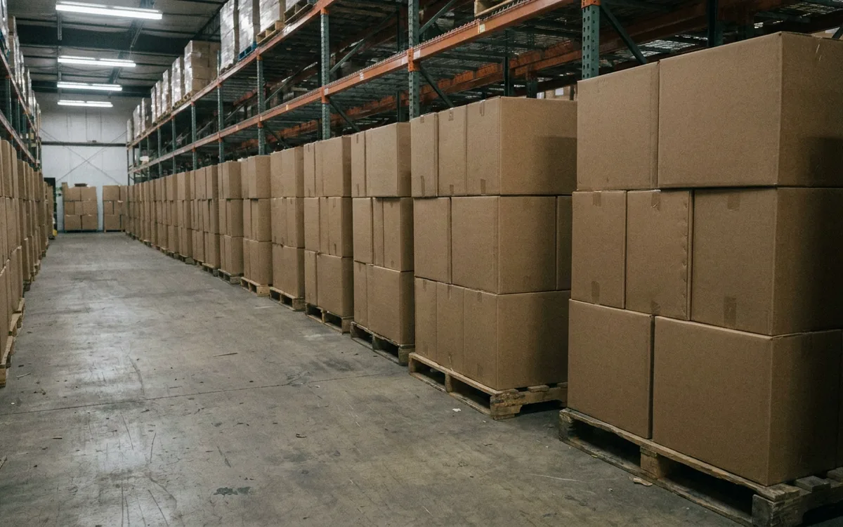 Boxed furnace units stacked on pallets in a supply warehouse