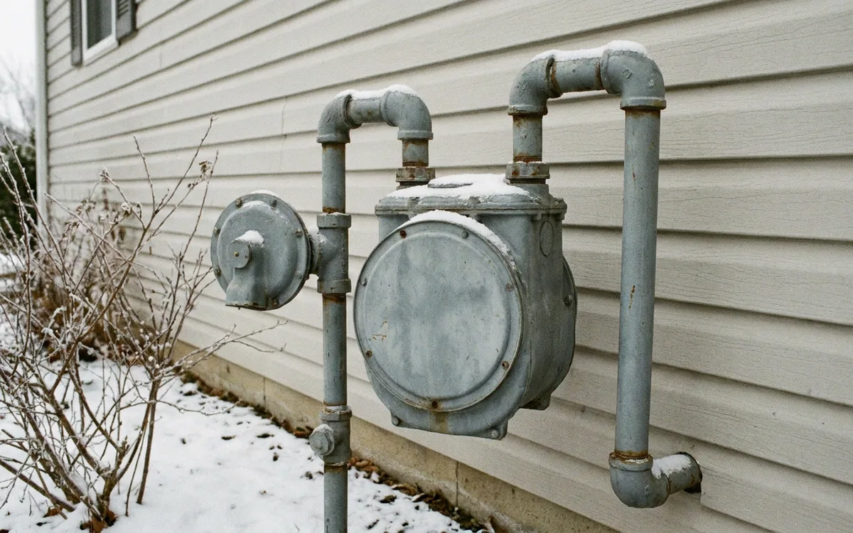 Residential gas meter and service piping on a house exterior wall in winter