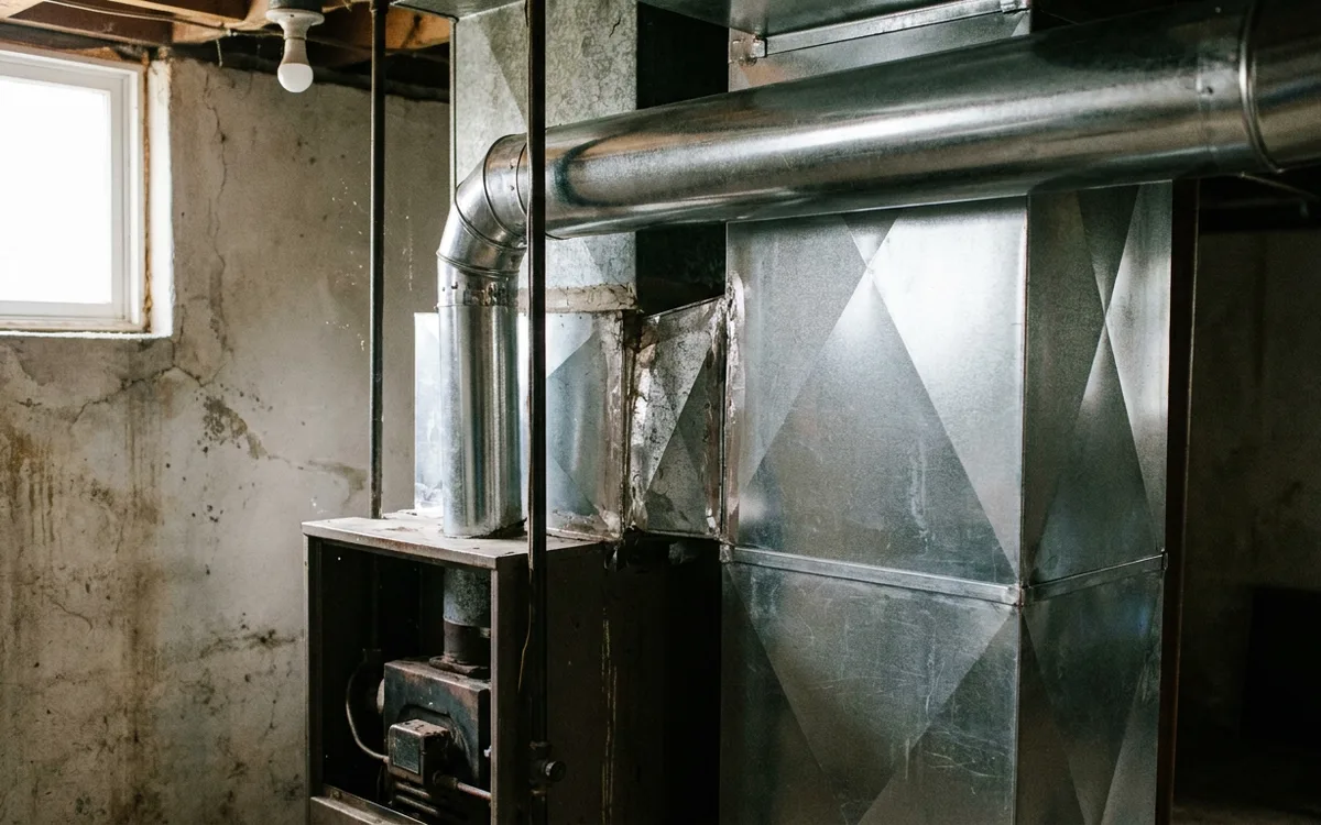 Gas furnace connected to older round ductwork in a basement