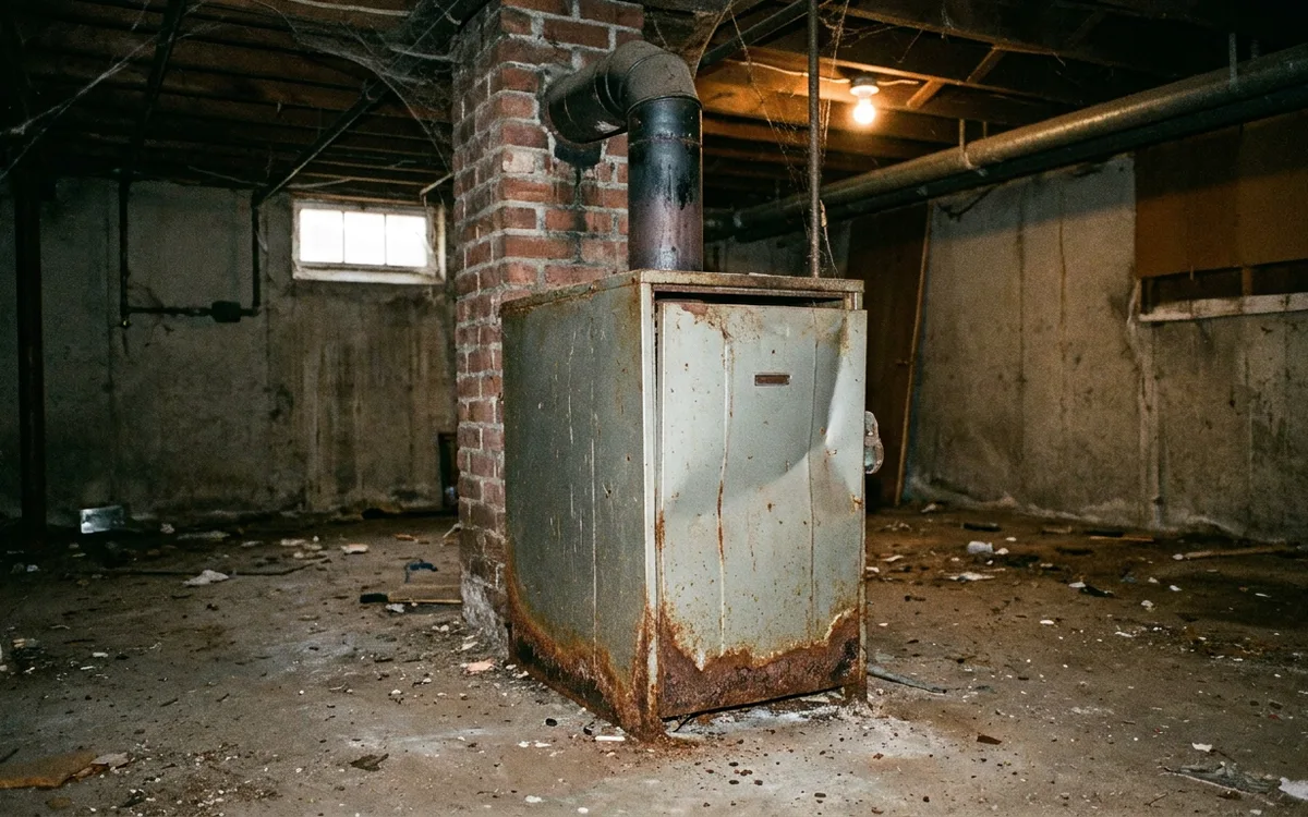 Aging gas furnace with metal flue in an unfinished basement