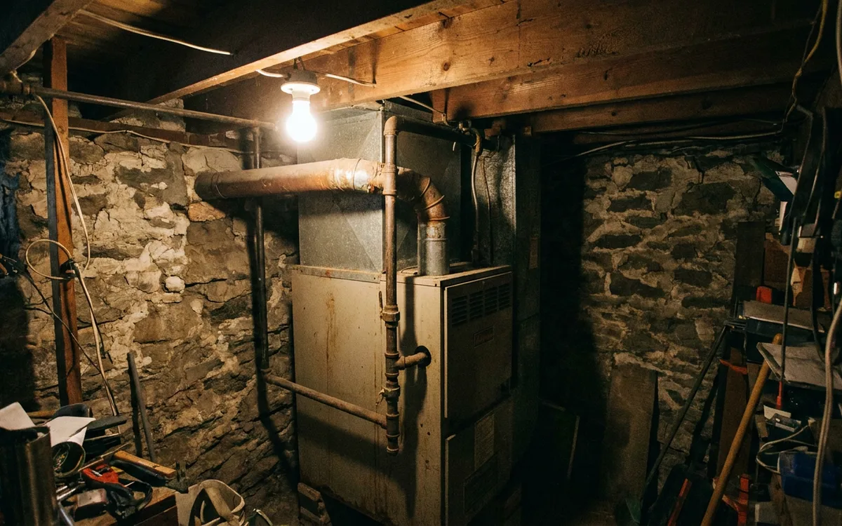 Furnace installed in a low-ceiling basement of an older home