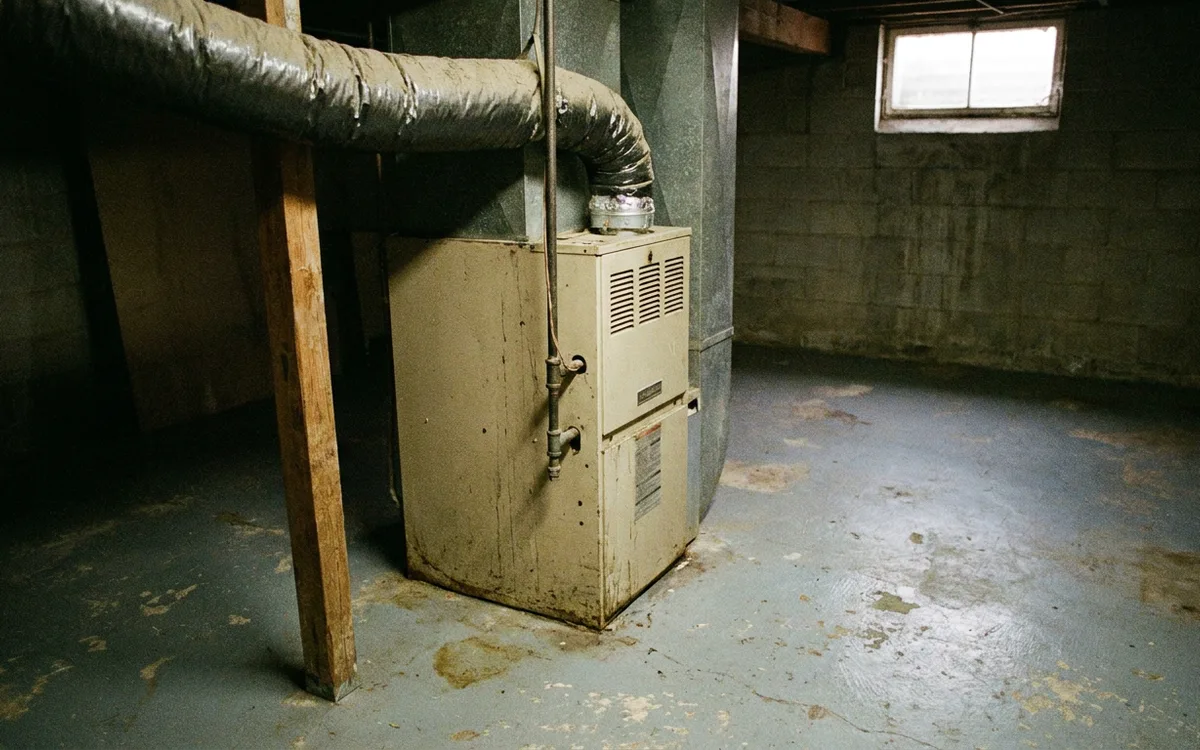 Older gas furnace in the basement of a 1970s ranch home
