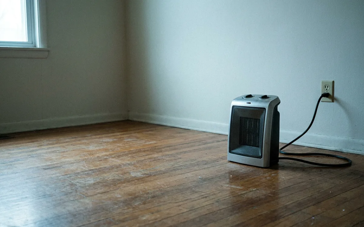 Portable electric space heater positioned on a bare floor away from furniture