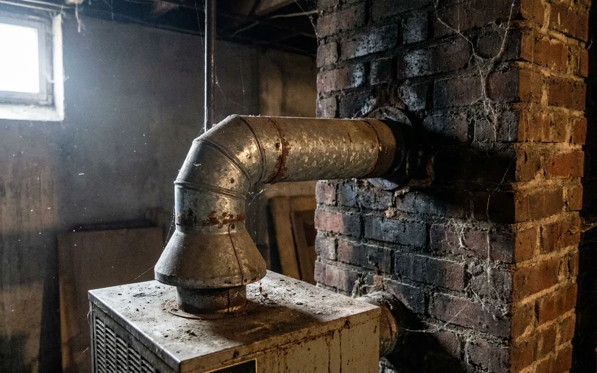 Standard-efficiency furnace connected to an existing metal chimney flue