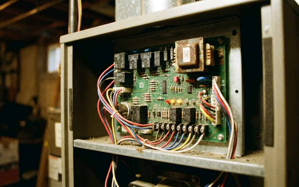 Control board and wiring inside an open high-efficiency furnace cabinet