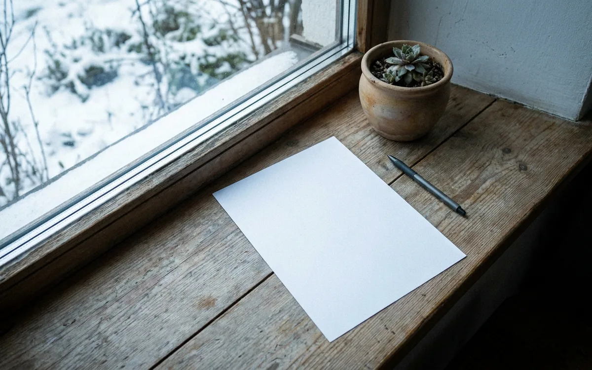 Blank sheet of paper and a pen on a windowsill overlooking a snowy yard
